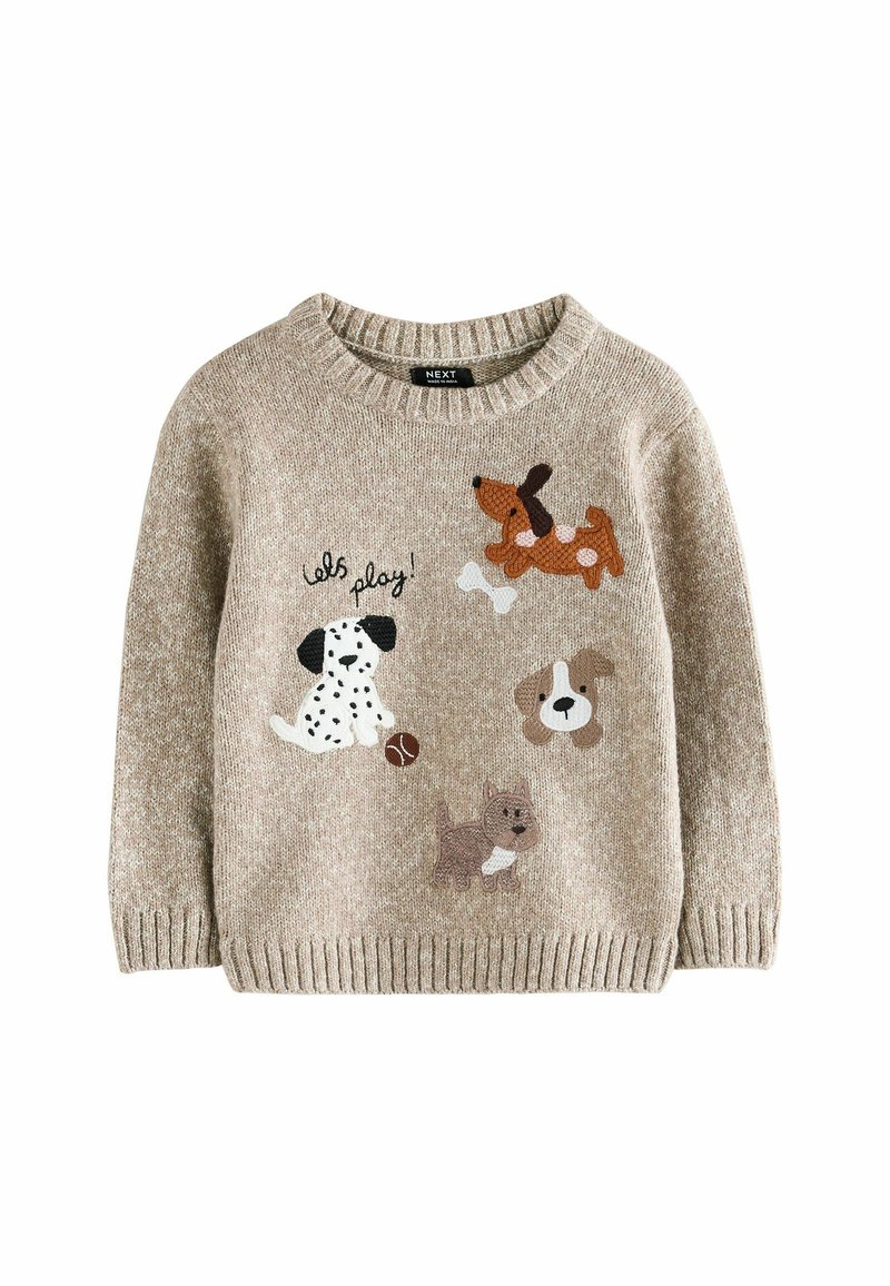 Pull en tricot beige avec quatre motifs de chiens ludiques dans différentes couleurs. Col rond, poignets et ourlet côtelés. Le texte indique "jouons!"