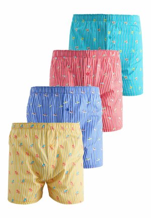Vier gestreifte Boxershorts in Gelb, Blau, Rot und Türkis, jeweils mit kleinen, bunten sommerlichen Mustern und vorderer Knopfleiste.