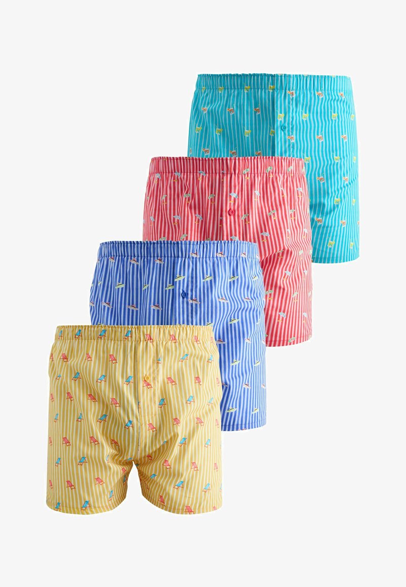 Quatre boxers rayés en jaune, bleu, rouge et turquoise, chacun avec de petits motifs colorés sur le thème de l'été et une fermeture à boutons à l'avant.