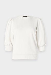 Weißer Pullover mit kurzen Puffärmeln, rundem Ausschnitt und glatter Textur. Verfügt über einen geraden Saum und gerippte Bündchen.