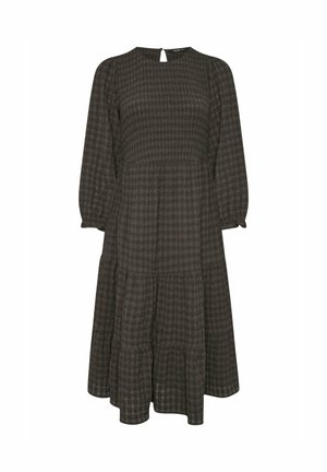 Donker geruit midi-jurk met lange puff mouwen, keyhole rug, gerimpelde bodice en gelaagde onderrand. Materiaal heeft een gestructureerde afwerking.