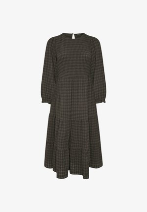 Vestido midi a cuadros oscuros con mangas largas abullonadas, espalda con abertura en forma de llave, corsé fruncido y dobladillo en capas. El material tiene un acabado texturizado.