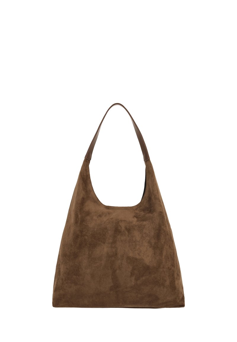 Braune Wildledertasche mit einem lässigen Design, breitem Schulterriemen und einer tief ausgeschnittenen Öffnung. Glatte Textur ohne sichtbare Beschläge.