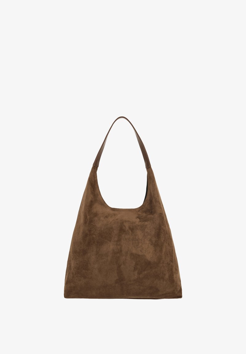 Braune Wildledertasche mit einem lässigen Design, breitem Schulterriemen und einer tief ausgeschnittenen Öffnung. Glatte Textur ohne sichtbare Beschläge.