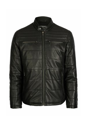 Black leather jacket with a quilted design, standing collar, front zipper, and two zippered pockets. Smooth texture with ribbed accents.