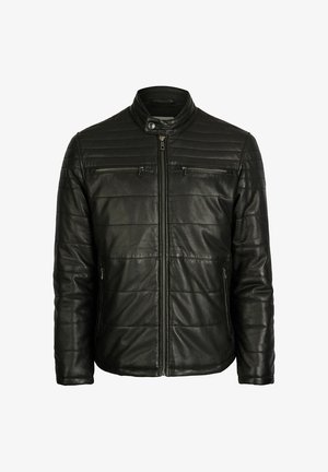 Black leather jacket with a quilted design, standing collar, front zipper, and two zippered pockets. Smooth texture with ribbed accents.