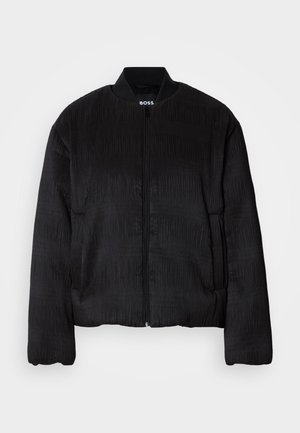 Sort bomberjakke med et tekstureret design, lynlåslukning, ribbet krave og elastiske manchetter. Har en almindelig pasform og glat stof.