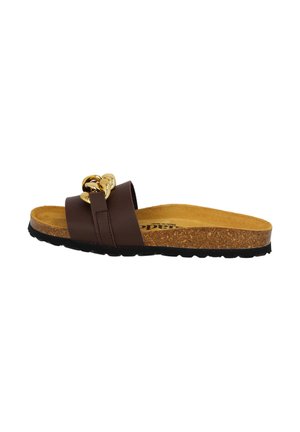Brown faux leather slide sandal with gold chain accent, cork footbed, and black rubber outsole. Features two wide straps for support.