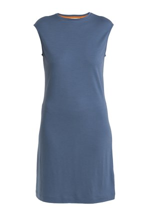 Blauwe mouwloze jurk met een ronde hals, gemaakt van zacht materiaal. Glad oppervlak, rechte silhoeet en zoom die op de bovenbenen eindigt.