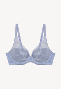 Soutien-gorge en dentelle bleu clair avec des bonnets souples et des détails en mesh. Des bretelles fines et ajustables ainsi qu'une bande lisse assurent confort et soutien.
