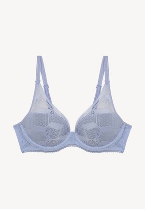 Soutien-gorge en dentelle bleu clair avec des bonnets souples et des détails en mesh. Des bretelles fines et ajustables ainsi qu'une bande lisse assurent confort et soutien.