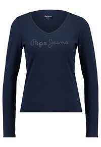 Marinblå långärmad V-hals t-shirt i mjuk bomull, med en glittrande "Pepe Jeans"-logotyp i kursiv text över bröstet.