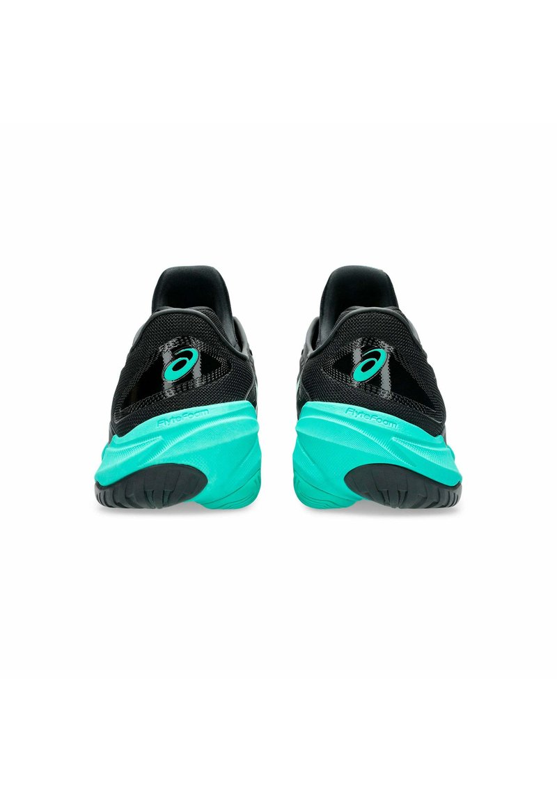 Paire de chaussures de course noires et bleu sarcelle vues de dos, avec une semelle texturée et le logo de la marque sur le talon.