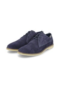 Marineblaue Wildlederschuhe mit glatter Textur, Schnürdesign und einer leichten Gummisohle. Verfügt über ein dezentes perforiertes Muster im Obermaterial.