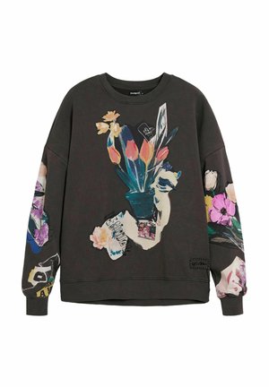 Ciemnoszara bluza z nadrukiem kwiatowym w różnych kolorach, o luźnym kroju, z długimi rękawami, prążkowanym dekoltem i wzorzystymi akcentami.