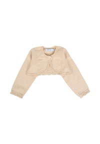 Boléro pour bébé en tricot beige avec des manches longues, fermeture à un bouton et bords décoratifs frangés au col et aux poignets.