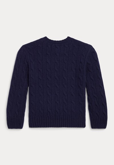 Maglione navy blue a treccia con collezione rotonda e orlo a coste. Presenta un motivo testurizzato e maniche lunghe.
