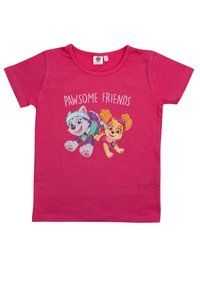 Pink cotton t-shirt with short sleeves featuring a graphic print of two cartoon dogs and the text "PAWSOME FRIENDS" above them.