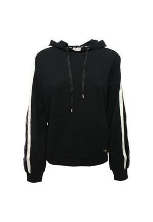 Felpa nera con cappuccio e cordino, tasca frontale e strisce bianche laterali. Presenta dettagli in rilievo e orlo e polsini a coste.