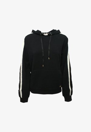 Felpa nera con cappuccio e cordino, tasca frontale e strisce bianche laterali. Presenta dettagli in rilievo e orlo e polsini a coste.