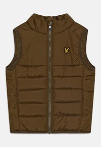Gilet imbottito marrone con colletto alto, zip frontale e cuciture diagonali. Presenta un piccolo logo giallo sul lato sinistro superiore.