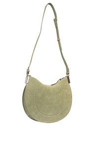 Borsa a spalla verde in suede con forma curvata, tracolla regolabile e chiusura con zip. Presenta dettagli di cucitura sottili per un tocco di texture.