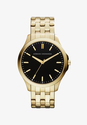 Armani Exchange polshorloge van goudkleurig metaal met een zwarte ronde wijzerplaat, gouden uurmarkeringen en drie gouden wijzers die 10:10:36 aangeven.