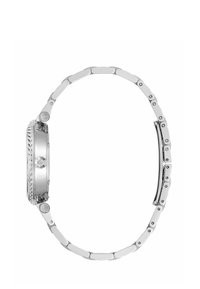 Orologio da polso argentato con cassa rotonda e bordo testurizzato, cinturino metallico collegato e una semplice corona laterale. Design minimalista in tutto.