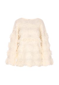 Maglione a maglia di colore crema con maniche lunghe, caratterizzato da frange testurizzate disposte in linee orizzontali, e una vestibilità ampia con un collo largo.