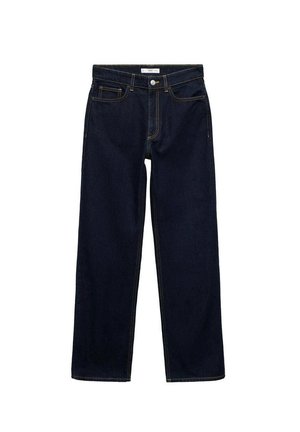 Jeans dritti blu scuro con vita alta, cinque tasche e cuciture arancioni a contrasto. Realizzati in un resistente tessuto denim.