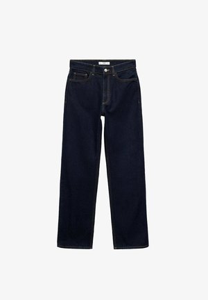 Dark blue straight-leg jeans with a high waist, five pockets, and contrasting orange stitching. Made from durable denim fabric.