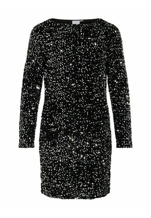 Robe noire à manches longues, recouverte de sequins argentés, avec une encolure ronde et une coupe ajustée longueur genou.