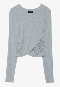 Gray long-sleeve top made of soft jersey fabric, featuring a scooped neckline and gathered detail on one side for an asymmetrical design.