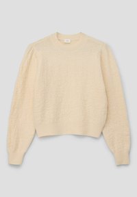Crèmegekleurde, textuurpullover met lange, puffy mouwen en een ribgebreide halslijn en zoom. Zacht, comfortabel materiaal met een casual ontwerp.