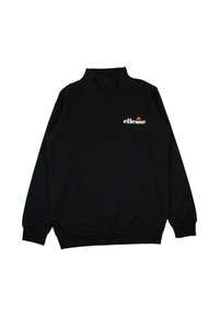 Sweat-shirt noir à col zippé, avec des manches longues et un ourlet côtelé. La marque « Ellesse » est affichée en blanc avec un accent orange.