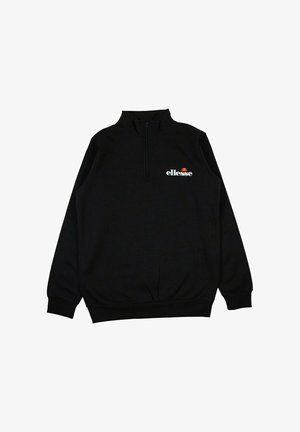 Sweat-shirt noir à col zippé, avec des manches longues et un ourlet côtelé. La marque « Ellesse » est affichée en blanc avec un accent orange.