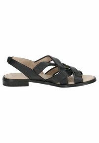 Fekete bőr slingback szandálok keresztbe fekvő pántokkal, lapos talppal és sima belső résszel, enyhén kerek orral rendelkeznek.