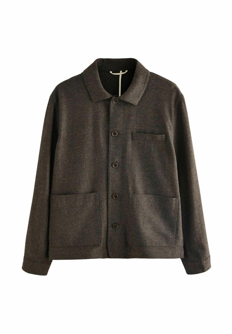 Dark gray wool jacket with button front, three pockets—including one chest pocket—and a classic collar.