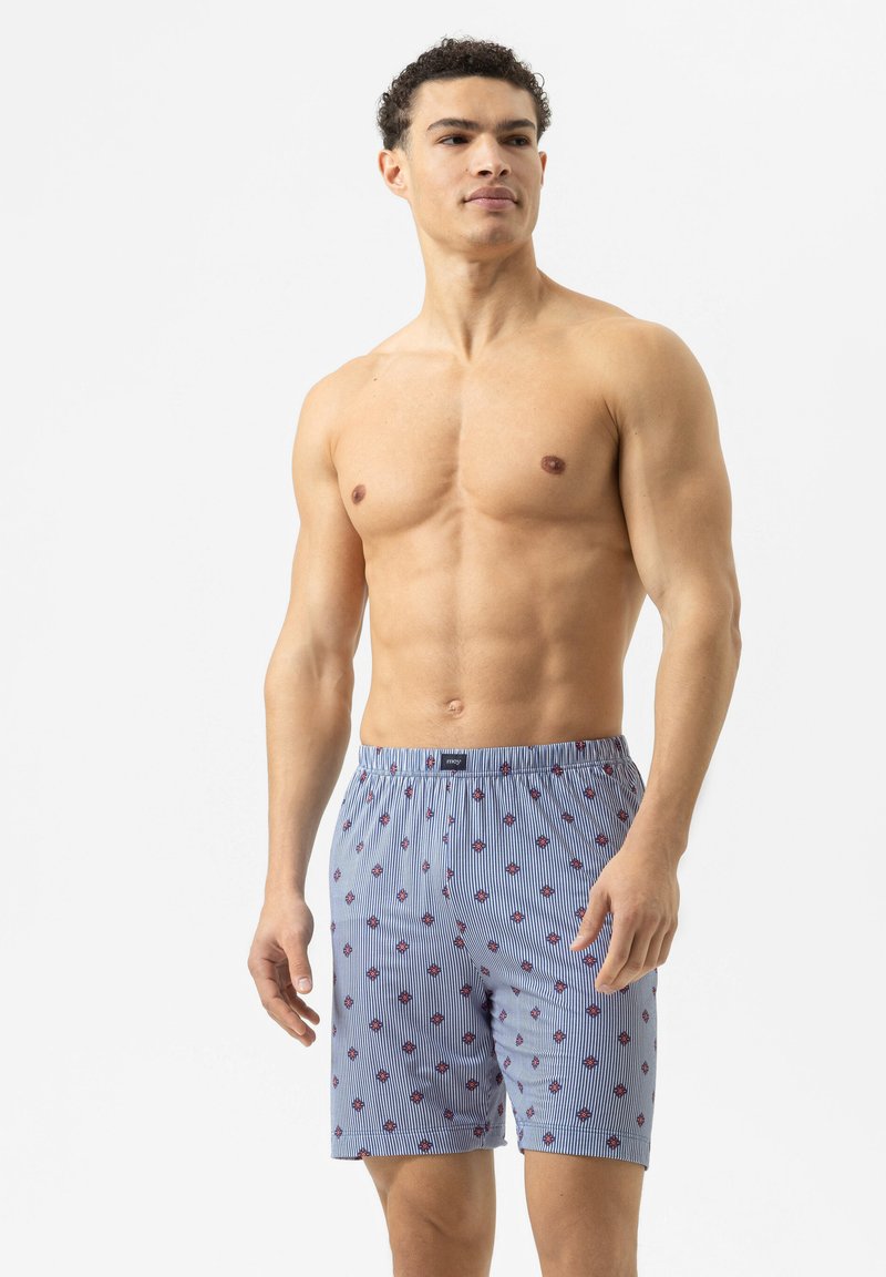 Heren boxers in een blauw-wit gestreept patroon met kleine rode bloemaccenten; gemaakt van lichtgewicht katoen met een elastische tailleband.