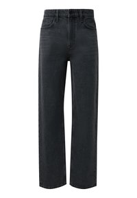 Schwarze Jeans aus Denim mit geradem Bein, Fünf-Taschen-Design und Knopfverschluss. Der Stoff hat eine glatte, leicht strukturierte Oberfläche.