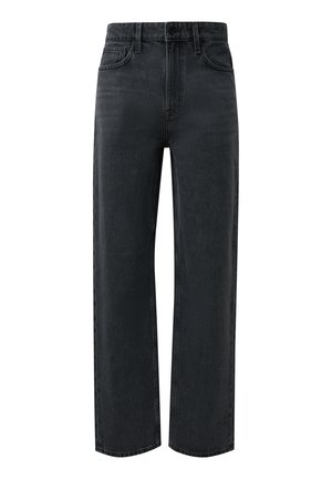 Schwarze Jeans aus Denim mit geradem Bein, Fünf-Taschen-Design und Knopfverschluss. Der Stoff hat eine glatte, leicht strukturierte Oberfläche.