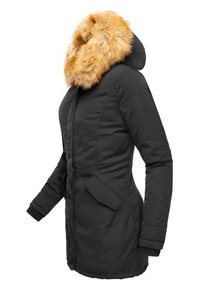 Černá parka s kapucí z umělé kožešiny v světle oranžové barvě. M�á přední zip, boční kapsy a žebrované manžety pro teplo.