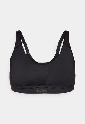 Crni sportski grudnjak s prozračnom mrežnom panelom, podesivim trakama i ravnim šavovima; sadrži BORG logo na središnjem donjem rubu.