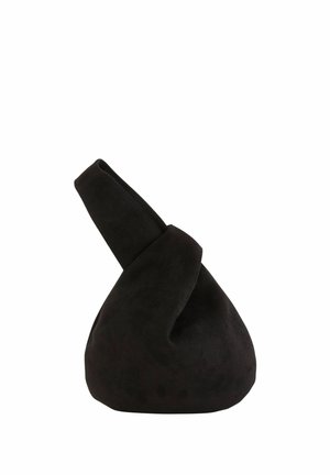 Bolso suave de ante negro con un asa superior torcida y una base redondeada, tipo bolsa, sobre un fondo blanco.