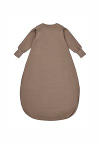 Tan newborn sleep sack with long sleeves and textured, ribbed material. Features a rounded bottom and side openings for easy access.