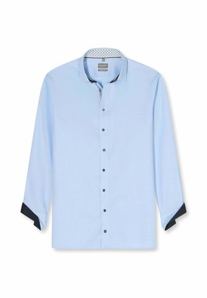 Hellblaues Hemd mit langen Ärmeln, schwarzem Innenkragen und Manschettendetails, Frontknöpfen und einer Brusttasche.