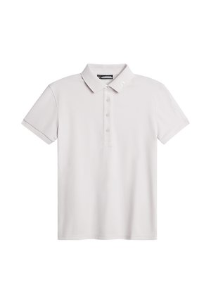 Lichtgrijze polo met korte mouwen, klassieke kraag, twee knoopsluitingen, subtiele logo op de schouder, gladde textuur.