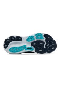 Schoenzool met een witte basis en marineblauwe en turquoise accenten. Gelaagde rubbersecties zorgen voor grip. Bevat logo-detail.