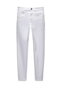 Jeans de mezclilla blanca con un ajuste Slim, bolsillos estándar, botón de metal y cierre de cremallera con detalles de costura sutiles.