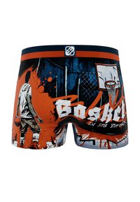 Caleçons de boxe sur le thème du basketball, mettant en avant un design graphique bleu, orange et blanc, représentant un joueur avec un ballon de basket et du texte dans un style graffiti.